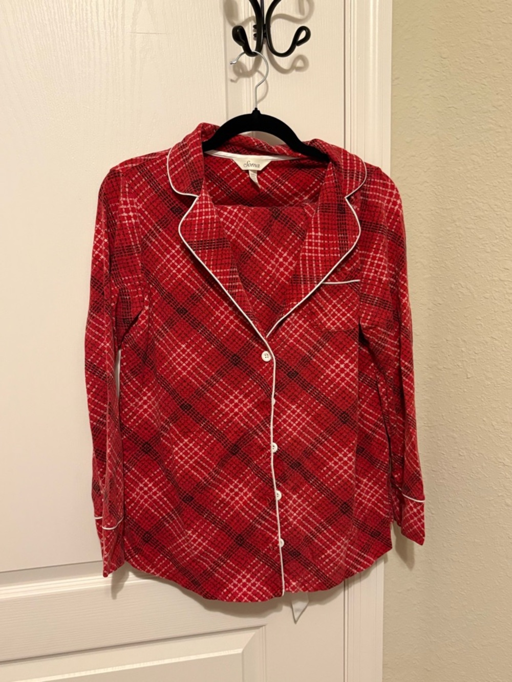 Soma Red Plaid Button-Up Pajama Top with White Piping and pants